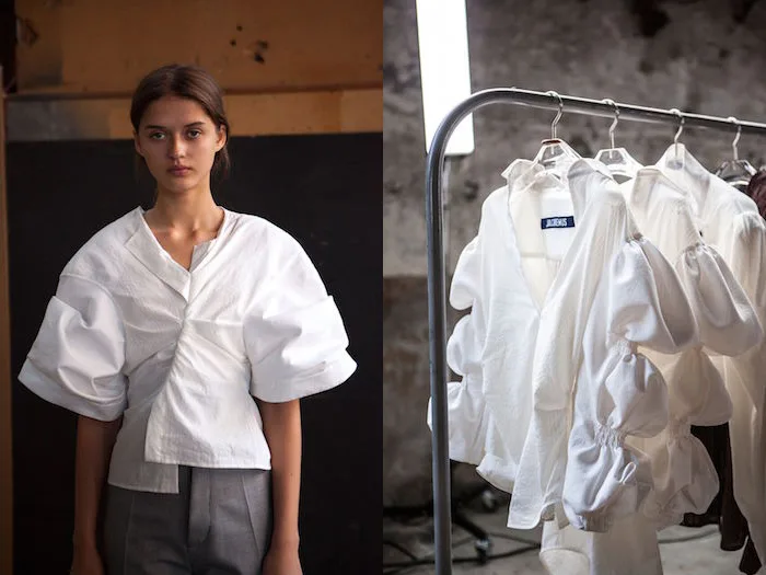 Simon Porte Jacquemus, người mẫu và giá trao áo sơ mi màu trắng.