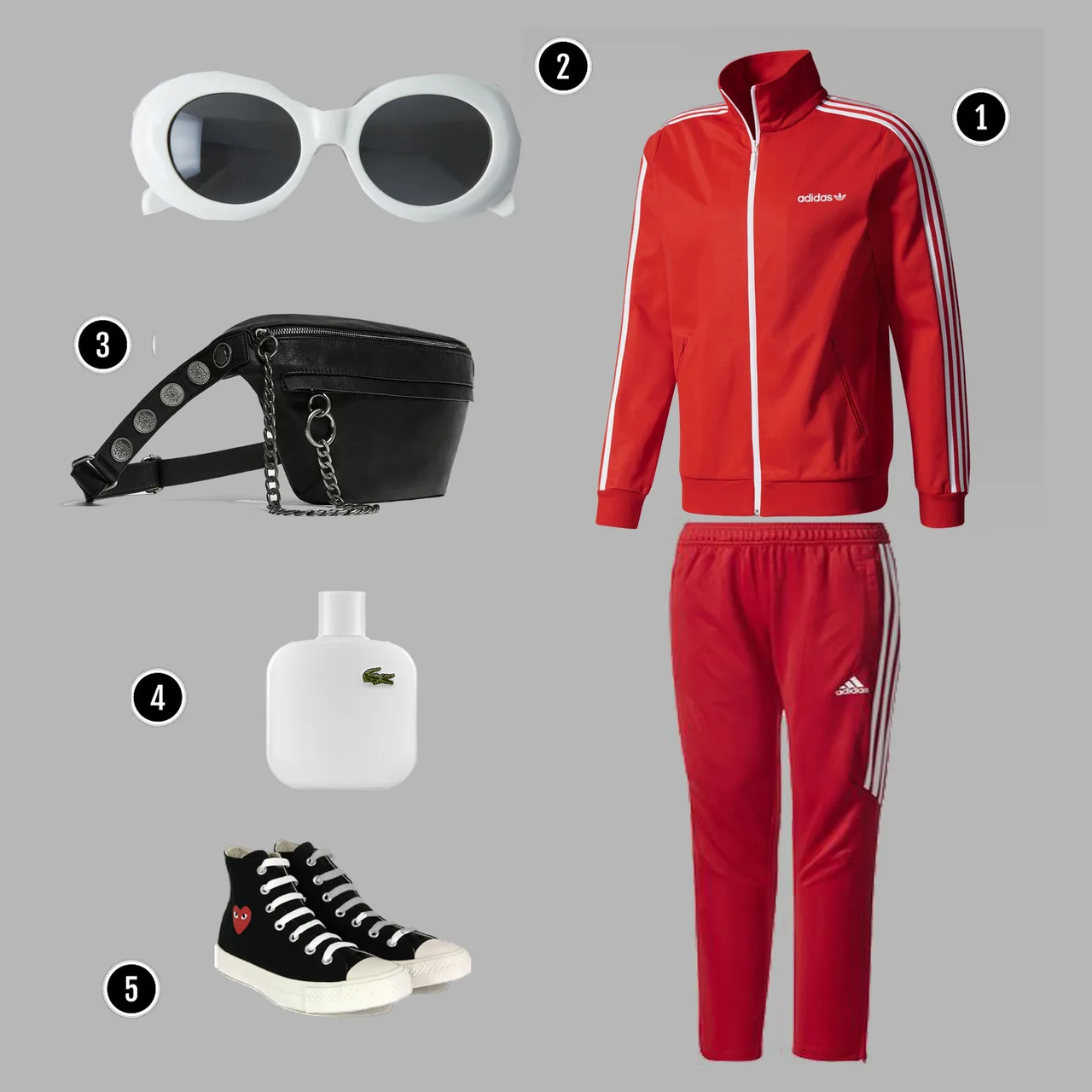 1. Áo + Quần : Adidas/ 2. Kính: Acne/ 3. Túi: Zara/ 4. Nước hoa: Lacoste / 5. Giày: CDG