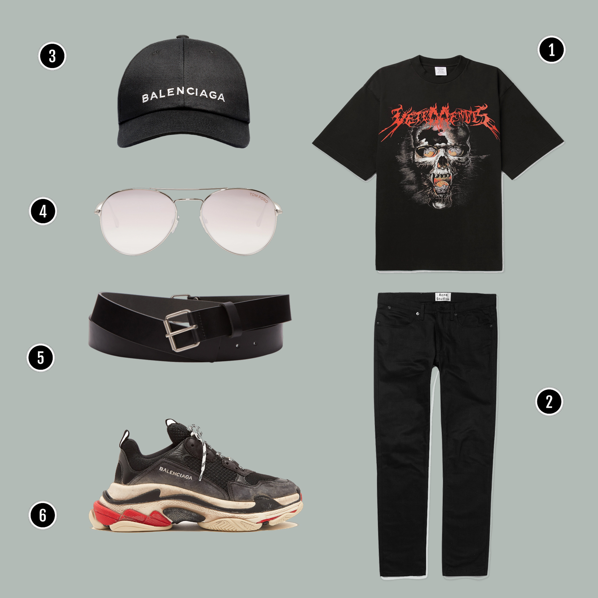 1. Áo: Vetements/ 2. Quần: Acne / 3. Mũ: Balenciaga / 4. Kính: Tom Ford / 5. Nịch: Rick Owens/ 6. Giày: Balenciaga
