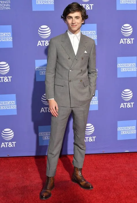 diễn viên Timothée Chalamet mặc suit hai hàng khuy xám