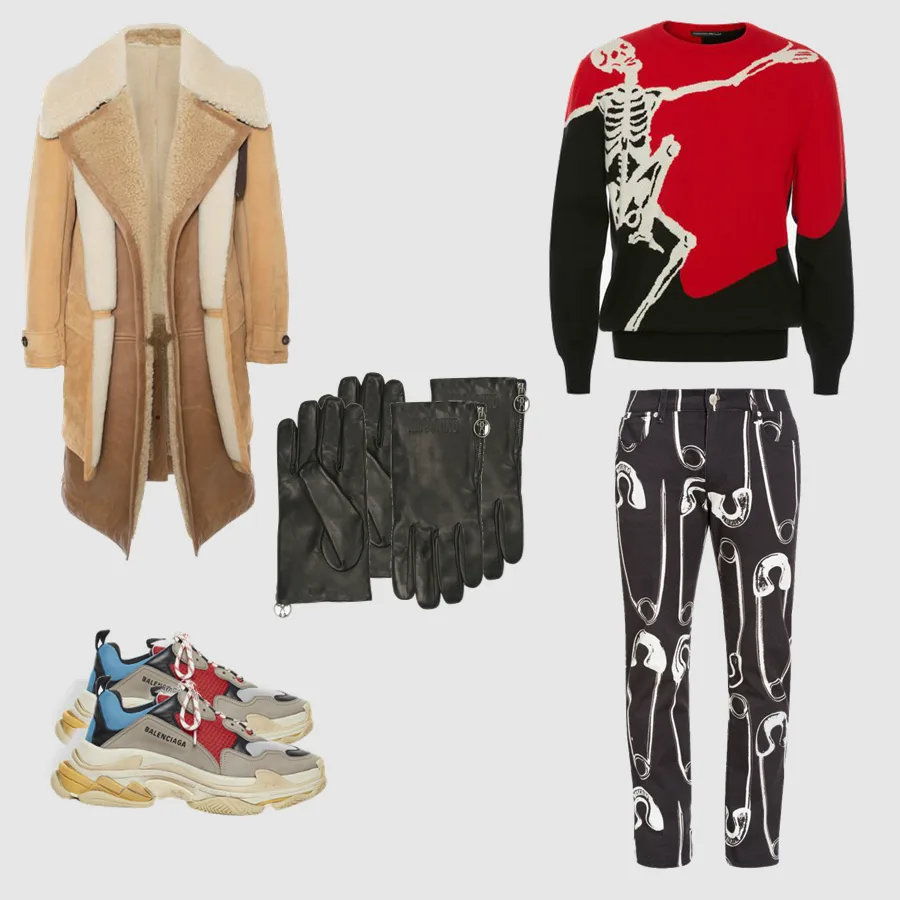 Áo: Alexander McQueen Quần, găng tay: Moschino Áo trench coat: Alexander McQueen GIày: Balenciaga