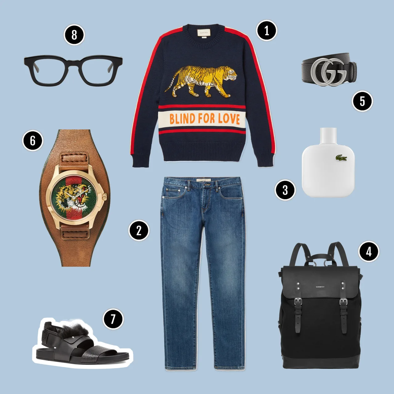 1.Áo : Gucci / 2.Quần : Burberry / 3.Nước hoa : Lacoste / 4.Túi :Sanqvist / 5.Nịch : Gucci / 6.Đồng hồ : Gucci / 7.Sandals : Fendi / 8.Kính : Eyevan 7285
