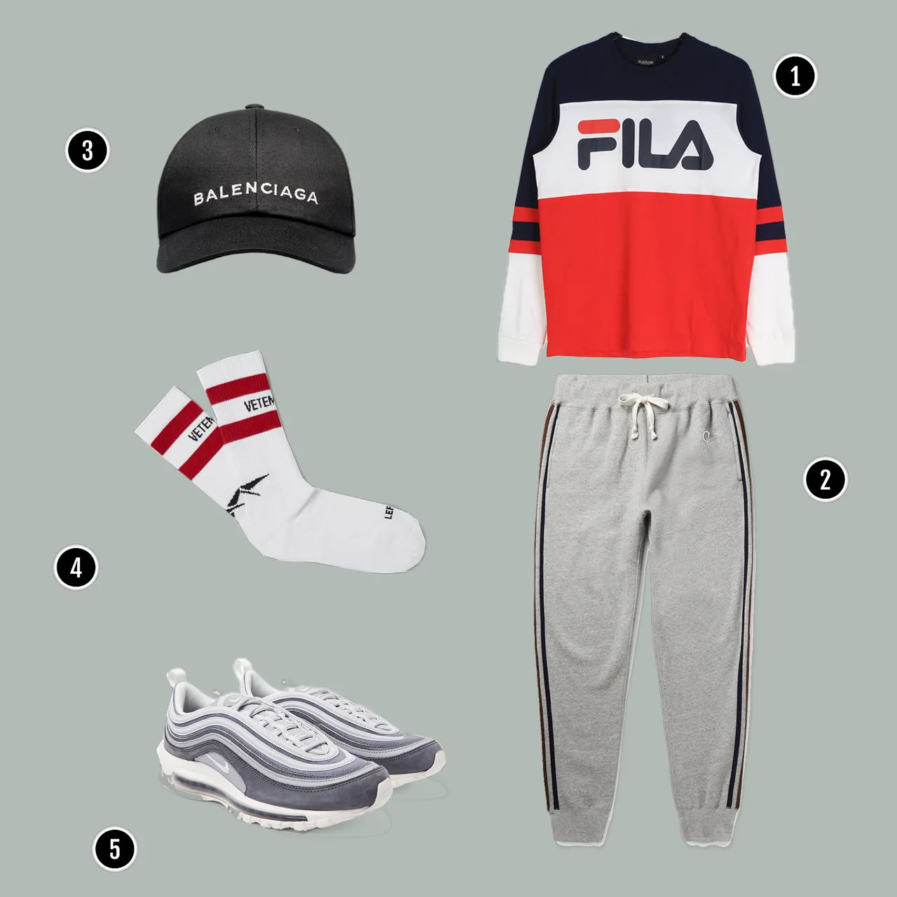 1. Áo: Fila / 2. Quần: Champion/ 3. Mũ: Balenciaga / 4. Tất: Vetement / 5. Giày:Nike