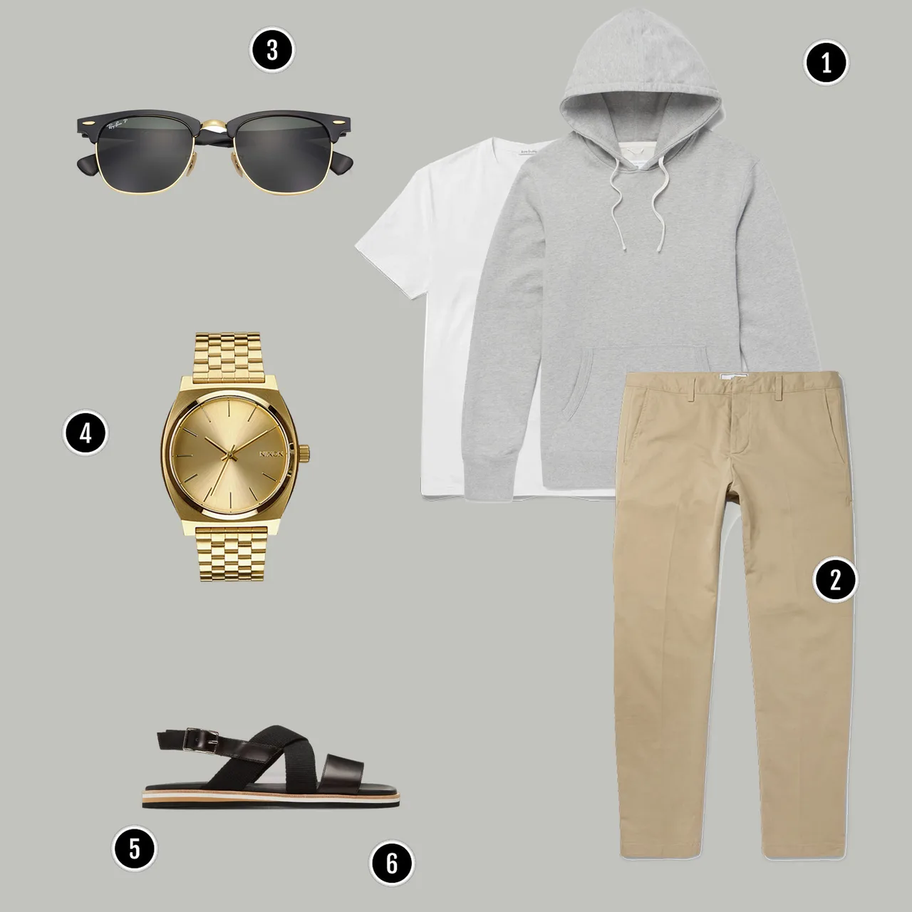 1. Áo: REIGNING CHAMP / 2. Quần: AMI / 3. Kính: Rayban / 4. Đồng hồ: Nixon / 5. Sandals: Dr martens