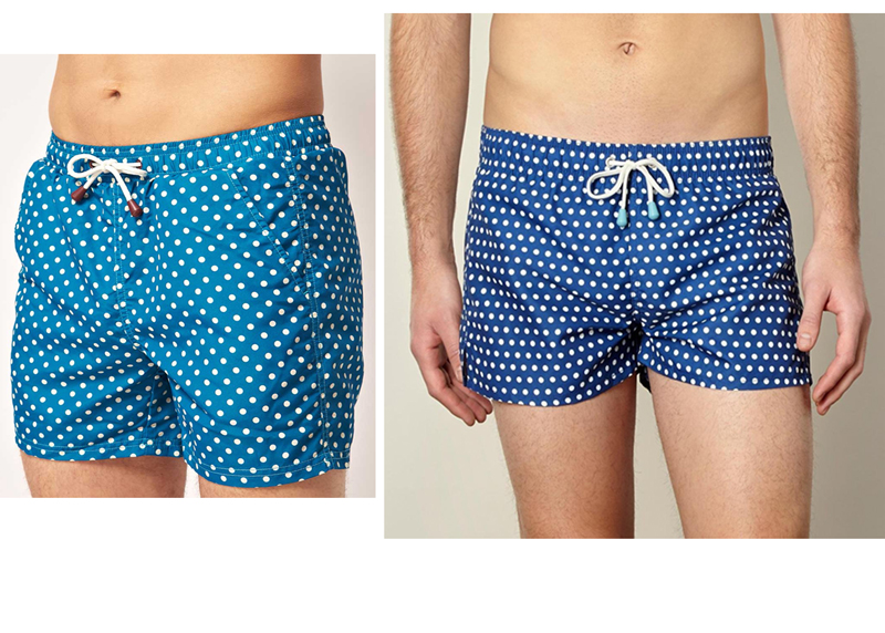thờ trang nam họa tiết chấm bi: quần bơi của River Island và Oiler & Boiler.