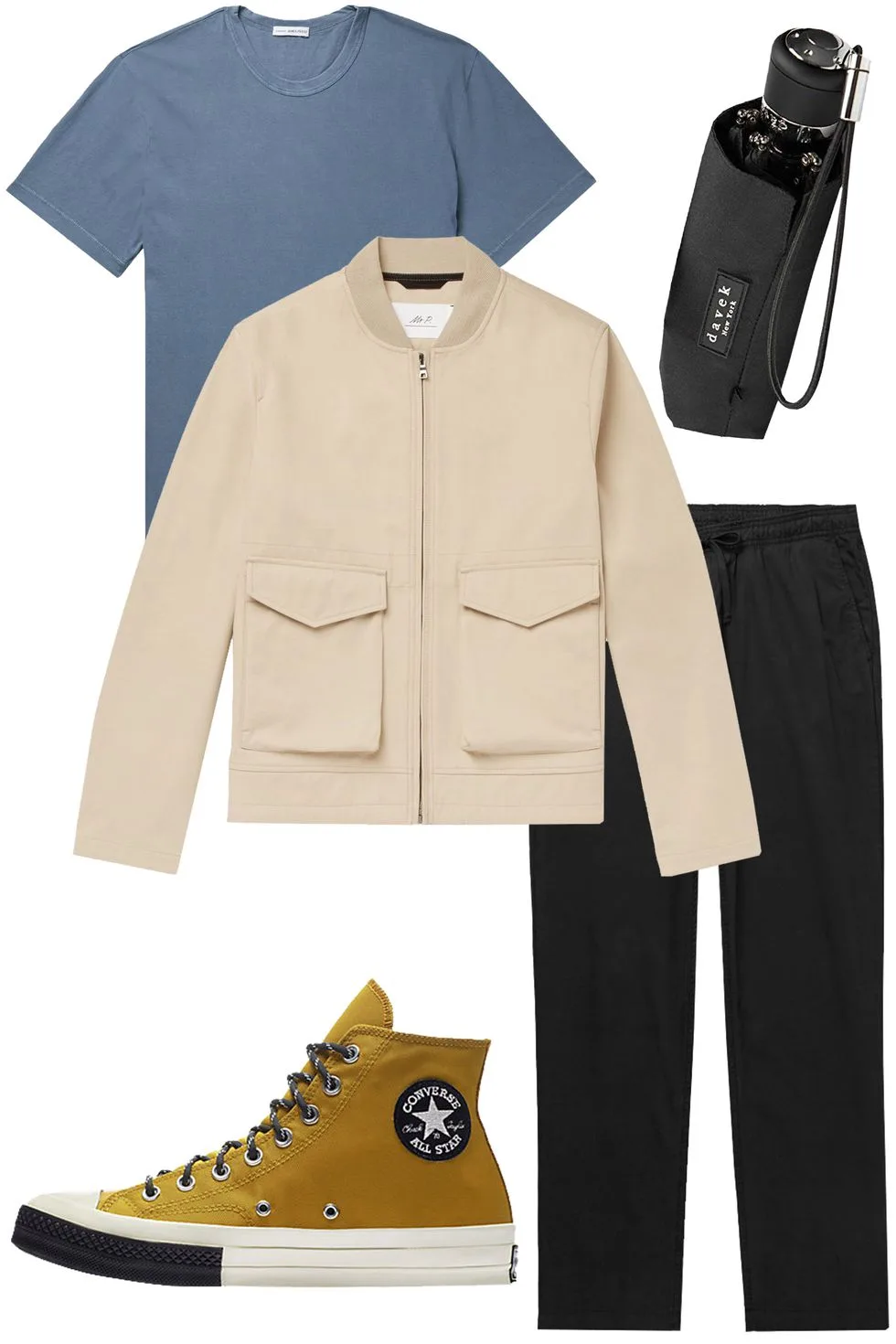 1. Áo khoác blouson của Mr P ($455) 2. Áo thun James Perse ($60) 3. Quần dây rút Save Khaki United ( $120) 4. Giày Converse ($90)