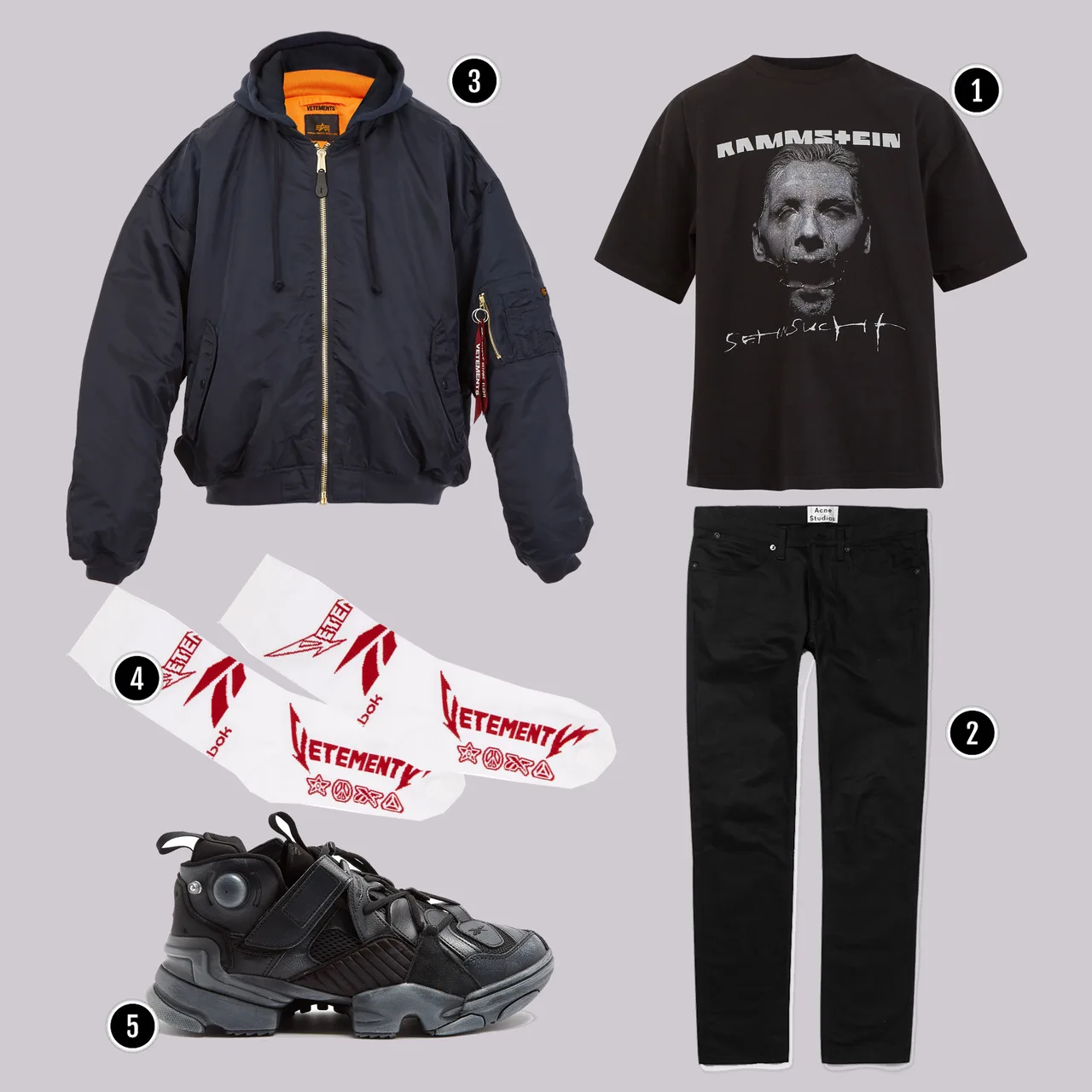 1. Áo: Vetements/ 2. Quần: Acne/ 3. Áo: Vetements / 4. Tất: Vetements / 5. Giày: Vetements
