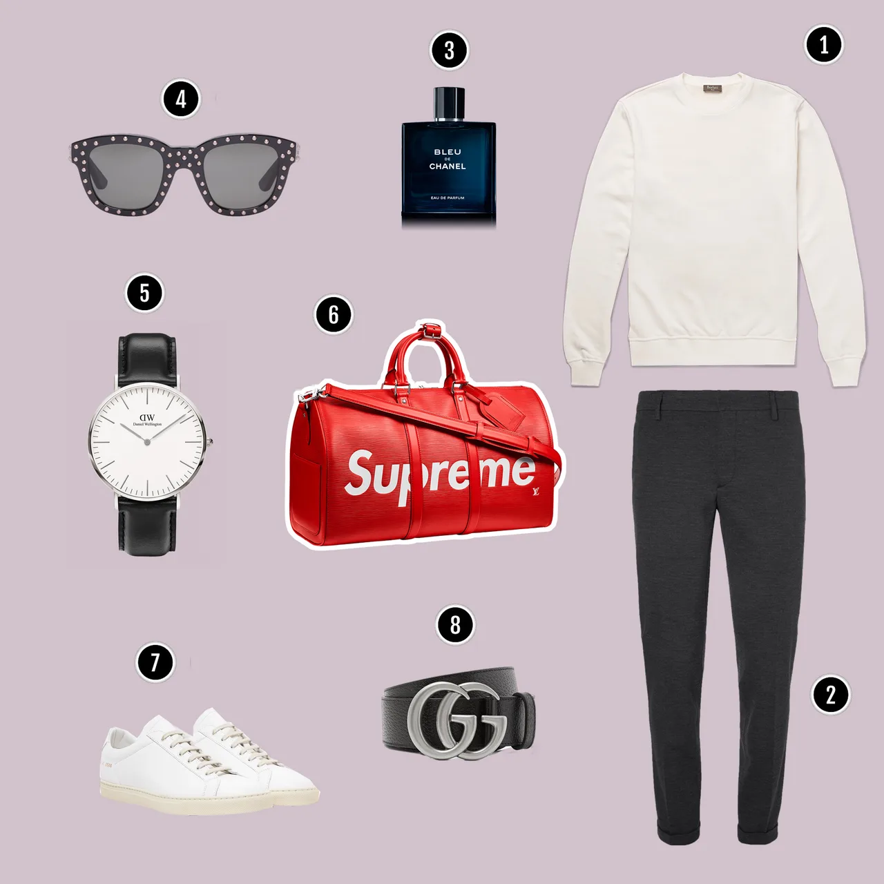 1.Áo : Berluti / 2. Quần: Prada / 3. Nước hoa : Chanel . 4. Kính : Saint Laurent / 5. Đồng hồ : DW / 6. Túi : Louis Vuitton x Supreme / 7. Giày: Common Project / 8. Nịch : Gucci