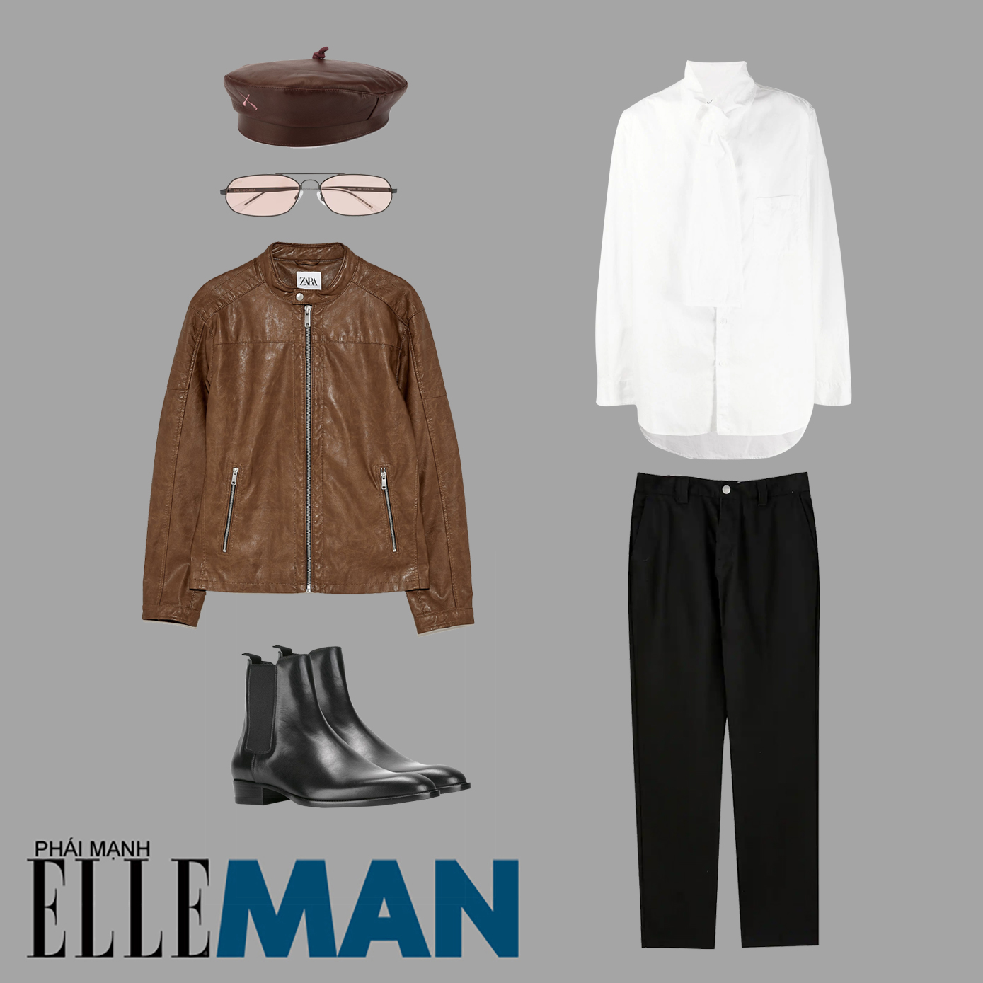 mũ beret nam màu nâu áo sơ mi trắng quần đen chelsea boots