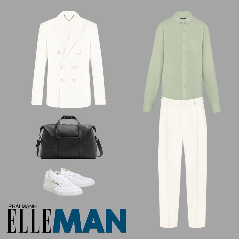 Phối đồ theo tông màu pastel áo sơ mi xanh quần trắng blazer trắng