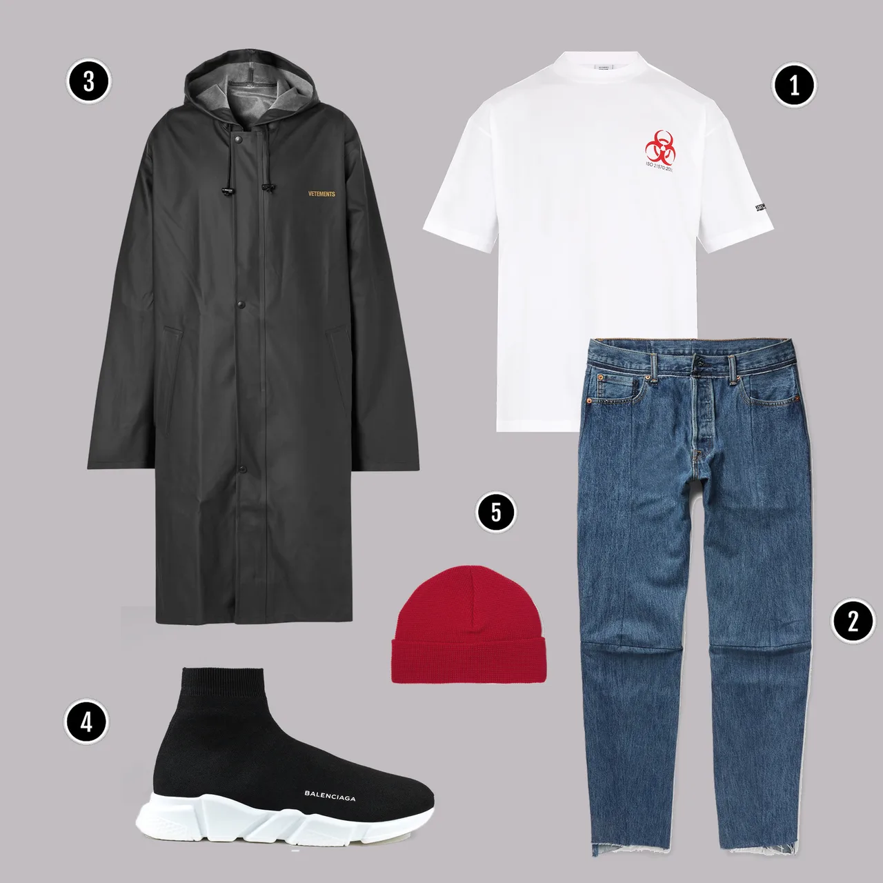 1. Áo: Vetements/ 2. Quần: Vetements / 3. Áo: Vetements / 4. Giày: Balenciaga / 5. Mũ: AMI