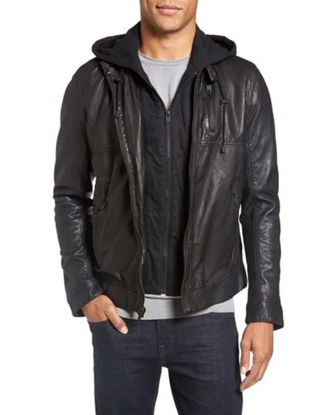 Áo da nam Leather Moto Jacket With Removable Hood