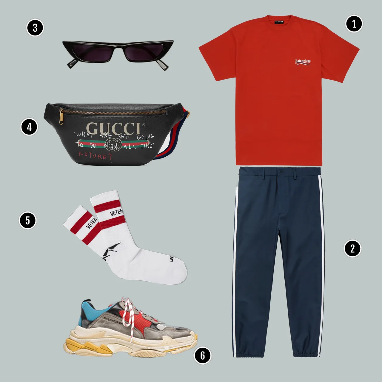 1. Áo: Vetements/ 2. Quần: Gucci / 3. Kính: Kylie / 4. Túi : Gucci/ 5. Tất: Vetements / 6. Giày: Balenciaga