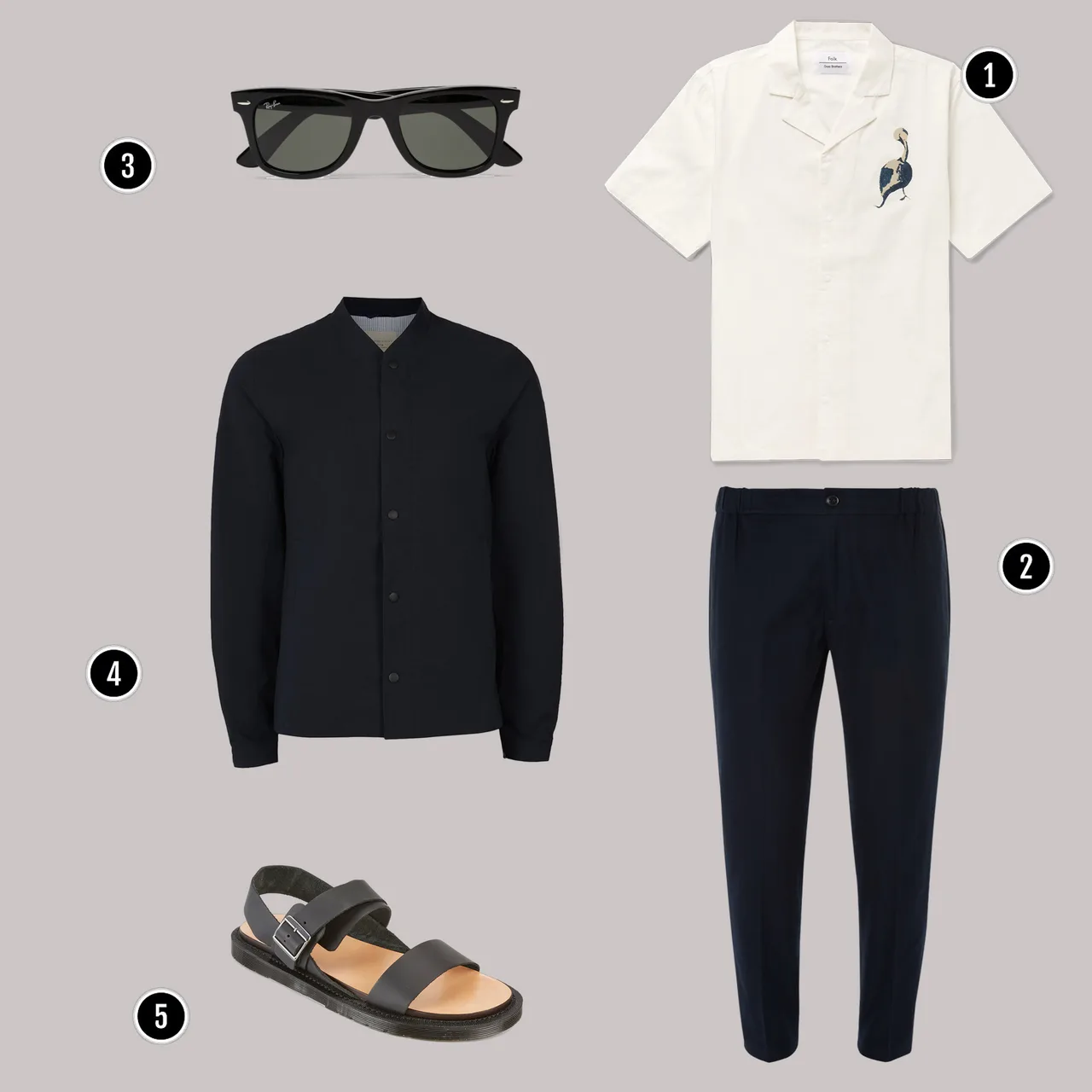 1. Áo: Folk/ 2. Quần: Club Monaco/ 3. Kính: Rayban / 4. Áo: Selected Homme / 5. Giày: Dr martens