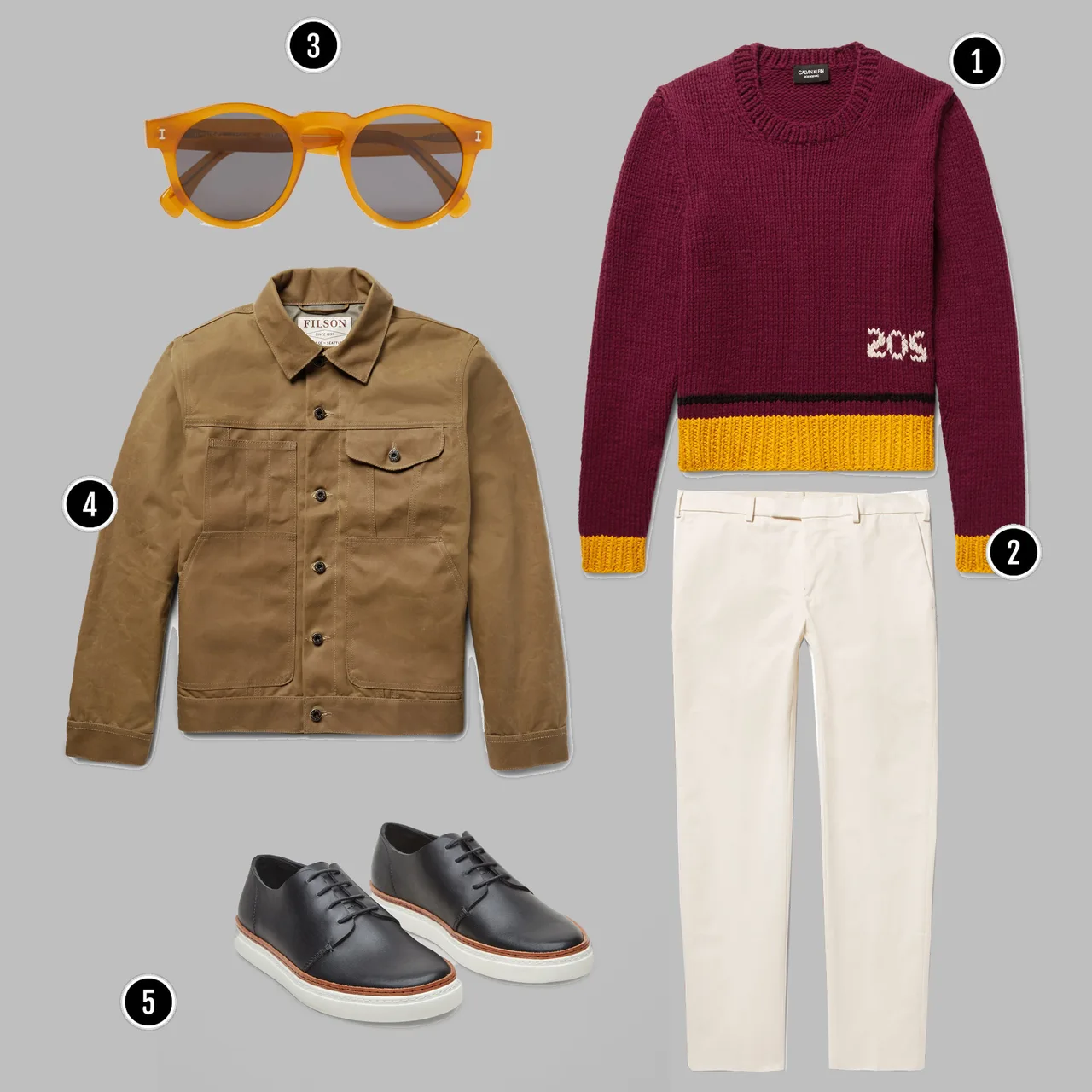 1. Áo: Calvin Klein / 2. Quần: APC / 3. Kính: Bottega Veneta / 4. Áo: Filson / 5. Giày: COS