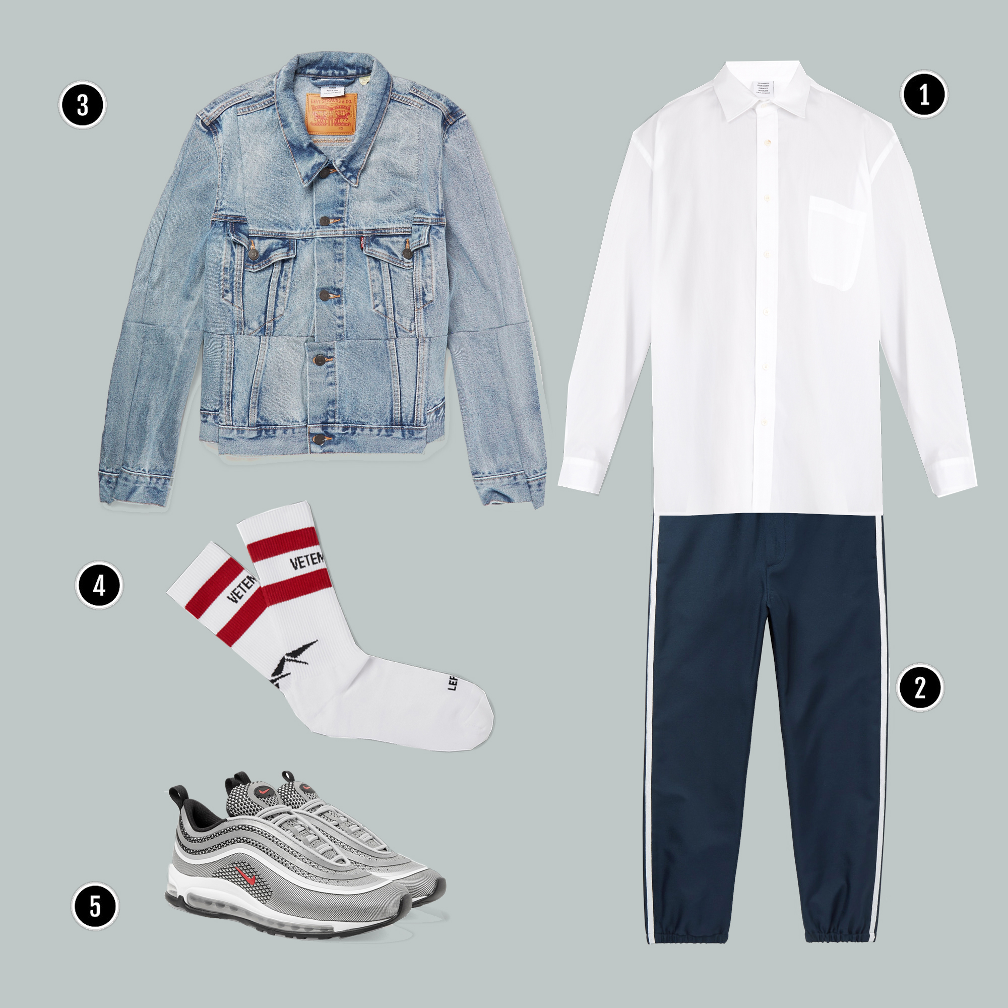 1. Áo: Vetements/ 2. Quần: Gucci/ 3. Áo: Vetements / 4. Tất: Vetements / 5.Giày: Nike