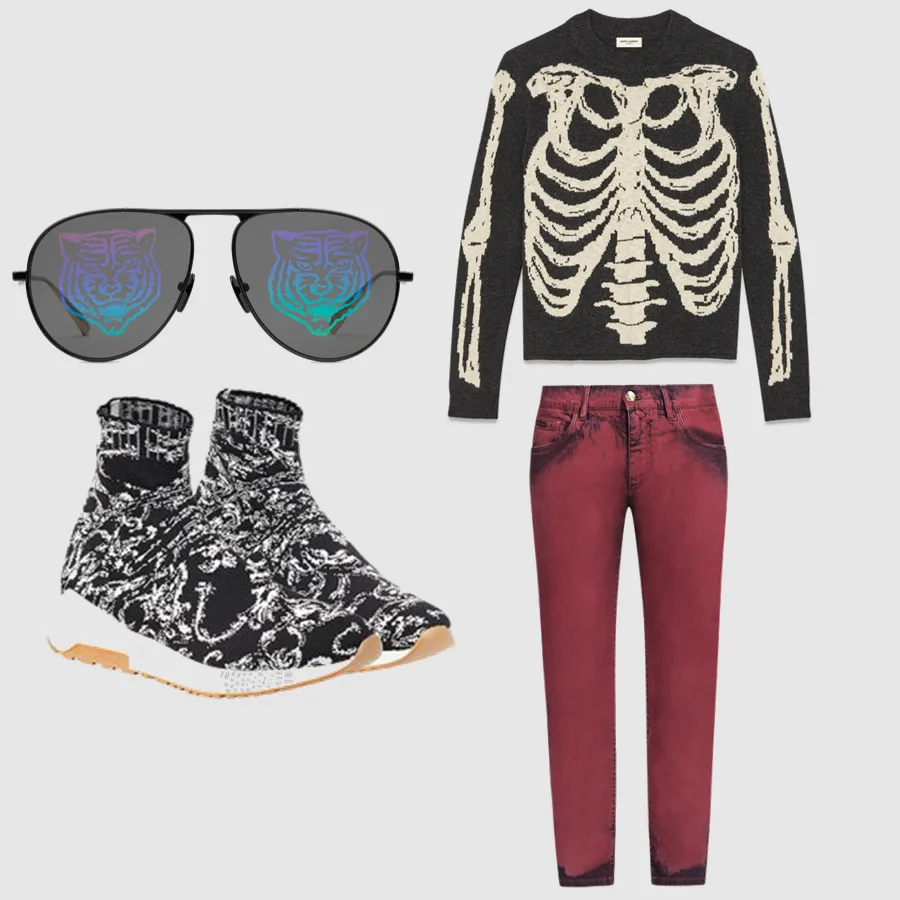 Áo: Saint Laurent Quần: Dolce&Gabana Giày: Versace Mắt kính: Gucci