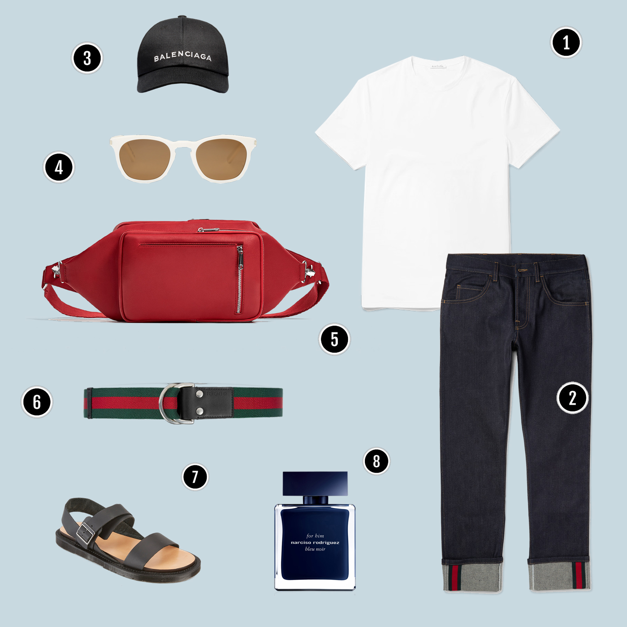 1. Áo: Acne / 2. Quần: Gucci / 3. Mũ: Balenciaga / 4. Kính: YSL / 5. Túi: Zara / 6. Belt: Gucci / 7. Sandals: Dr. Martens / 8. Nước hoa: Narcisso