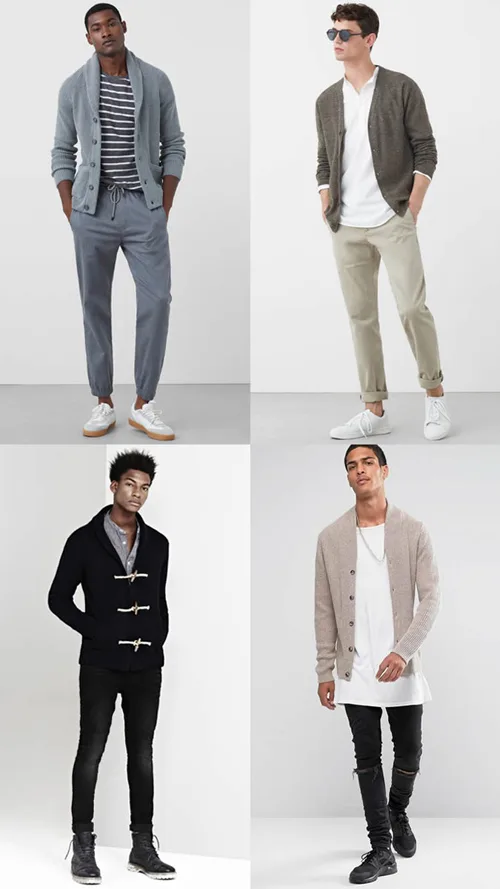 Áo khoác cardigan mặc cùng áo thun và sơ-mi grandad.