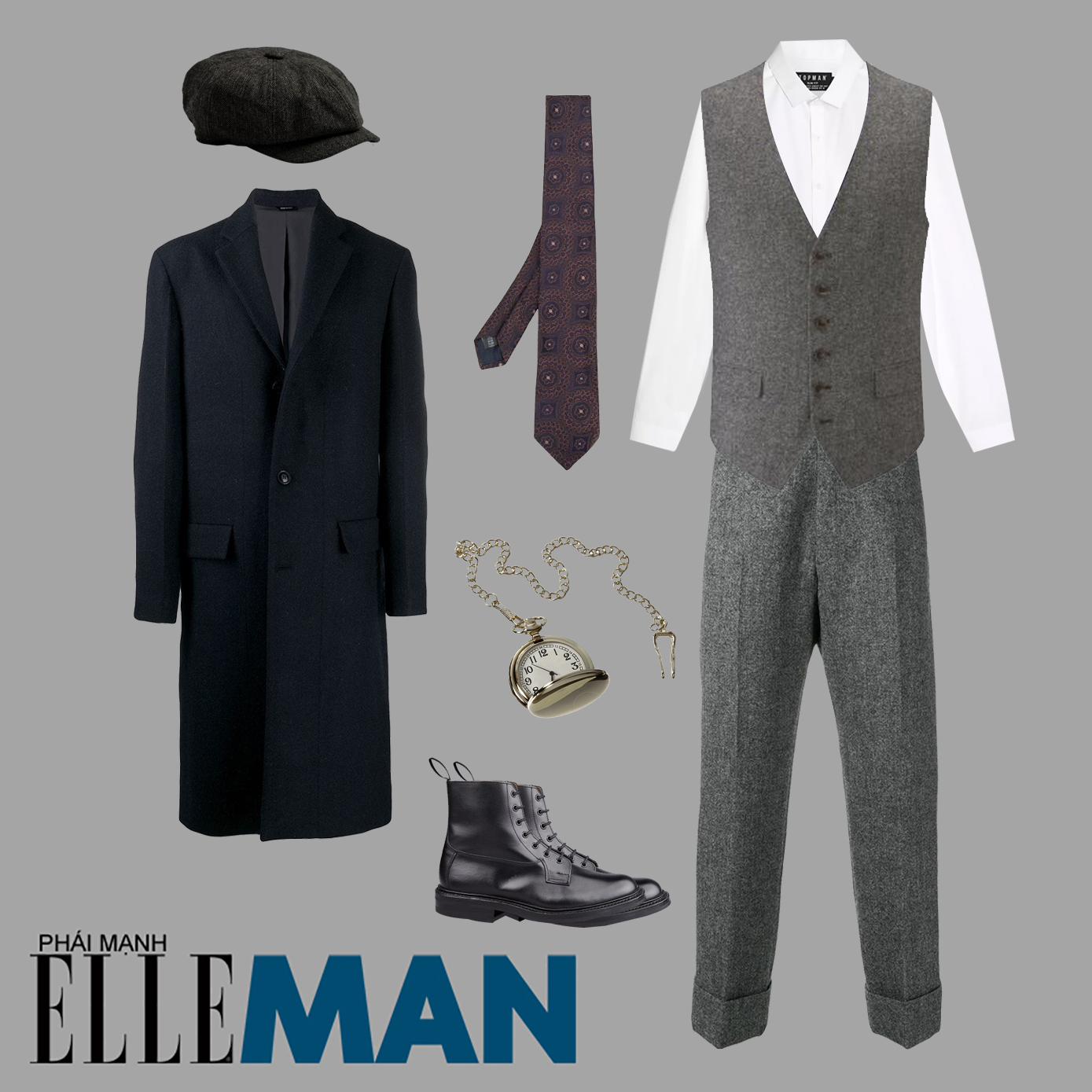 chất vải tweed giành cho nam overcoat đen sơ mi trắng
