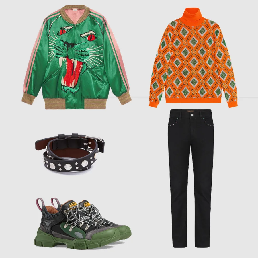 Áo len, áo khoác, giày: Gucci Quần: Louis Vuitton Phụ kiện: Alexander McQueen