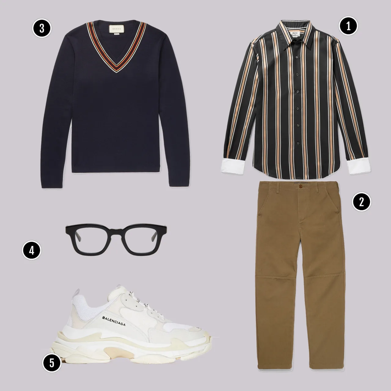 1. Áo: Acne / 2. Quần: Balenciaga / 3. Áo: Gucci / 4. Kính: Eyevan 7285 / 5. Giày: Balenciaga