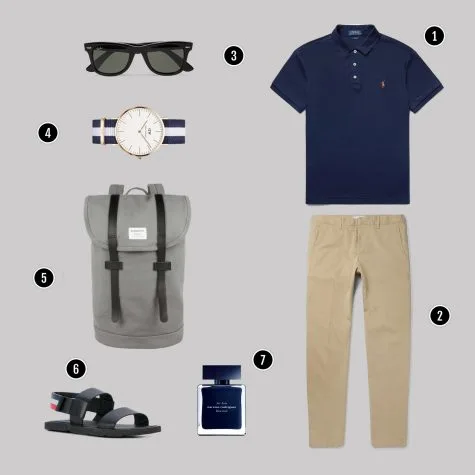 1. Áo: Ralph Laurent / 2. Quần: AMI / 3. Kính: Rayban / 4. Đồng hồ: DW / 5. Túi: Sanqvist/ 6. Sandals: Thom Browne / 7. Nước hoa: Narciso